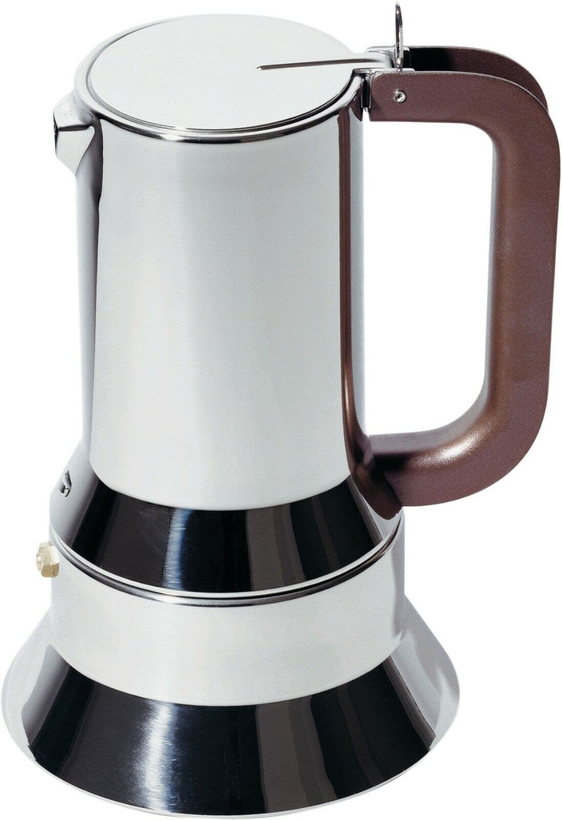 La caffettiera in acciaio lucido con il manico nero, vista di tre quarti