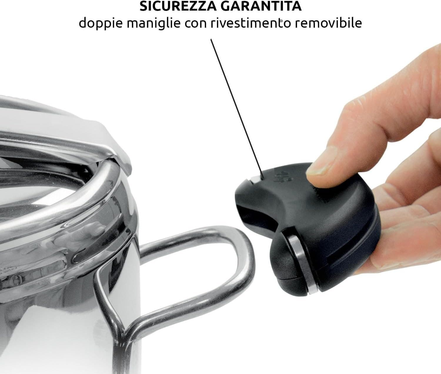 Una mano che sgancia la maniglia laterale removibile