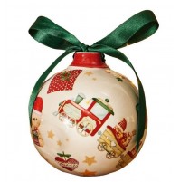 Palla di Natale in Ceramica BRANDANI Fiocco e Trenino Decorazione a Mano 10 cm